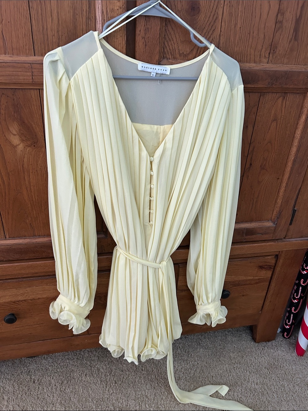 Endless Rose Pale Yellow Pleated Mini Dress with Self-Tie Waist